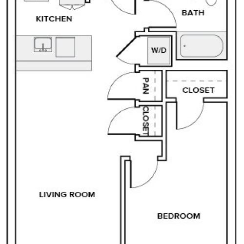 687 to 741 square foot one bedroom one bath apartment floorplan image