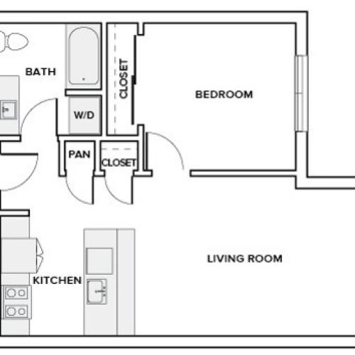680 to 708 square foot one bedroom one bath apartment floor plan image in Redmond, WA
