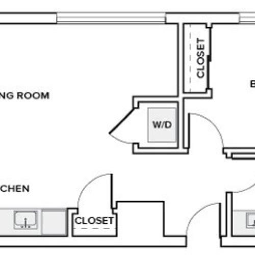 704 to 715 square foot one bedroom one bath apartment floor plan image in Redmond, WA