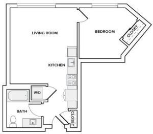 625 to 634 square foot one bedroom one bath apartment floor plan image in Redmond, WA