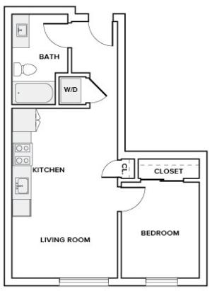 544 to 583 square foot one bedroom one bath apartment floor plan image in Redmond, WA