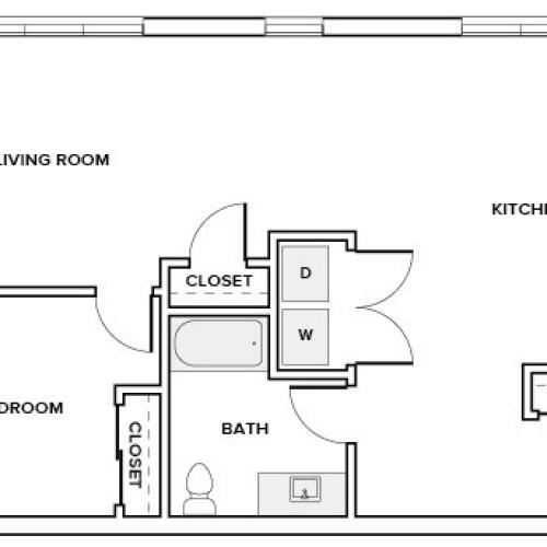 957 square foot one bedroom one bath apartment floor plan image in Redmond, WA