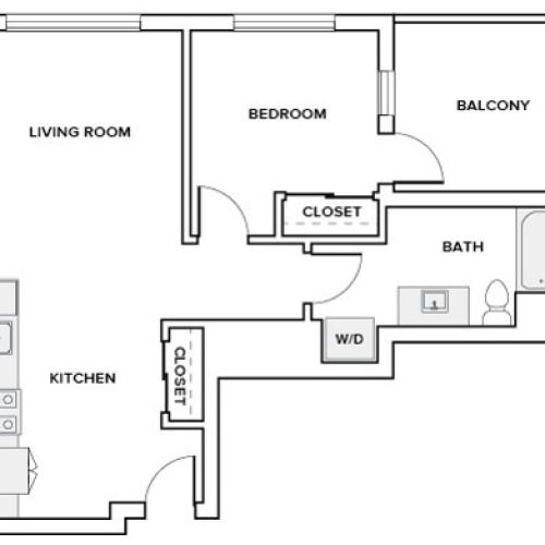 679 square foot one bedroom one bath apartment floorplan image
