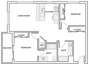 1037 to 1042 square foot two bedroom two bath apartment floorplan image