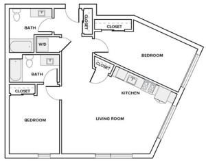 1063 to 1069 square foot two bedroom two bath apartment floor plan image in Redmond, WA