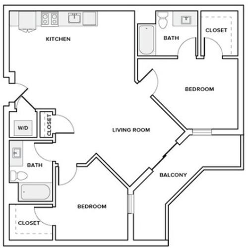 1076 to 1080 square foot two bedroom two bath apartment floorplan image
