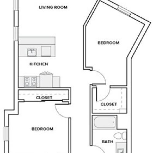 1128 to 1143 square foot two bedroom two bath apartment floorplan image