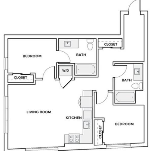 916 to 926 square foot two bedroom two bath apartment floor plan image in Redmond, WA
