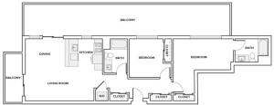 1119 square foot two bedroom two bath apartment floorplan image