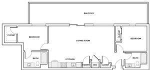 1085 square foot two bedroom two bath apartment floorplan image