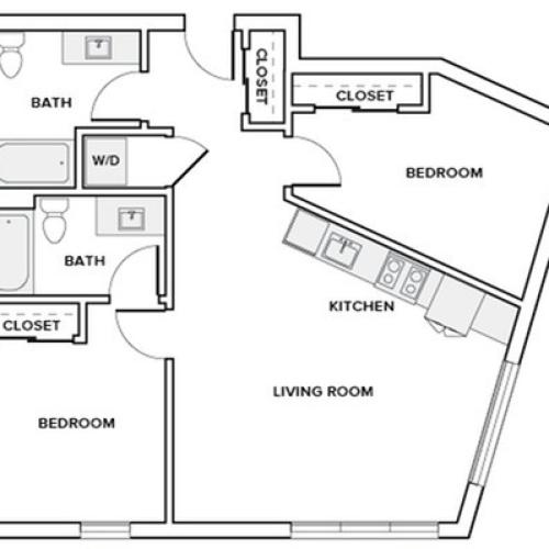 911 square foot two bedroom two bath apartment floor plan image in Redmond, WA