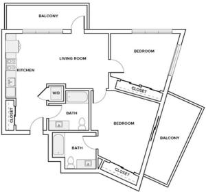 994 square foot two bedroom two bath apartment floorplan image