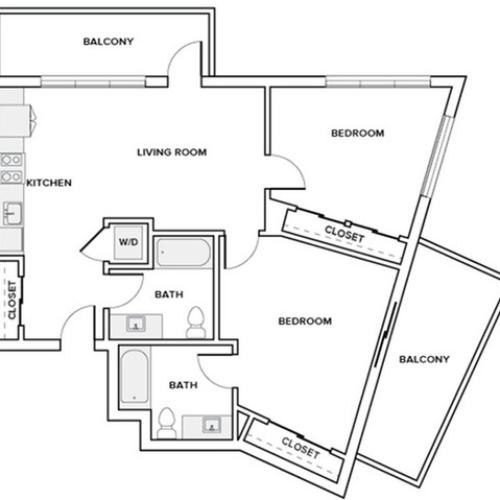 994 square foot two bedroom two bath apartment floorplan image