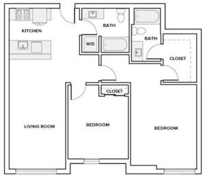 1136 square foot two bedroom two bath apartment floorplan image