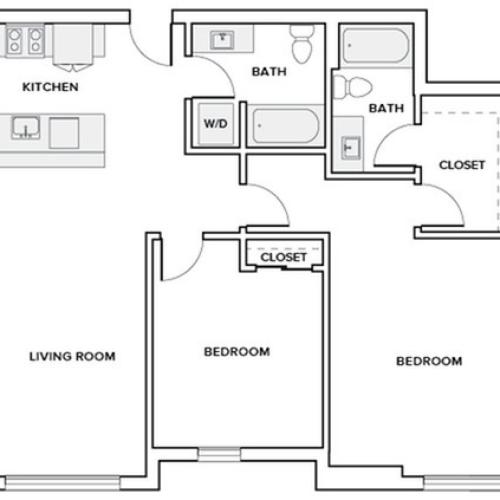 1136 square foot two bedroom two bath apartment floorplan image