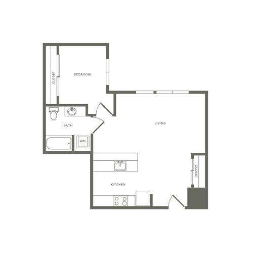 Income restricted 719 square foot one bedroom one bath apartment floorplan image