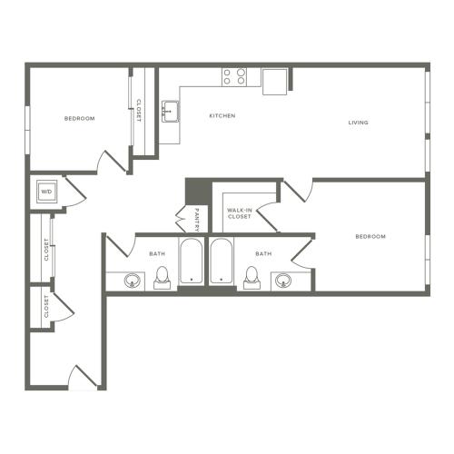 Income restricted 1027 square foot two bedroom two bath apartment floorplan image