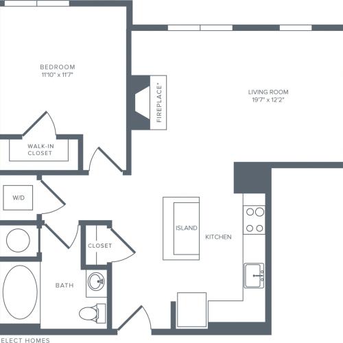 1-bedroom floor plan at Alister Deco Apartments