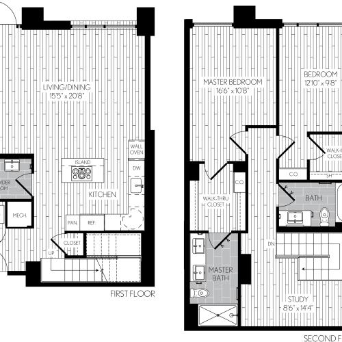 1457 square foot two bedroom two bath apartment floorplan image