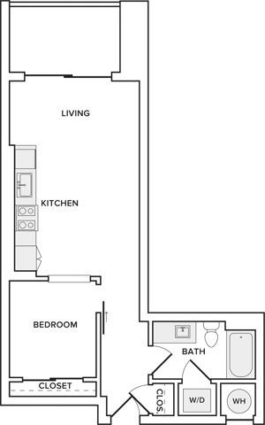 594 square foot one bedroom one bath apartment floorplan image
