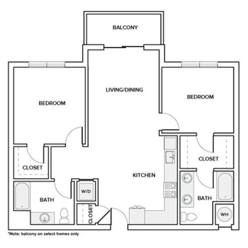 1118 square foot two bedroom two bathroom apartment floorplan image