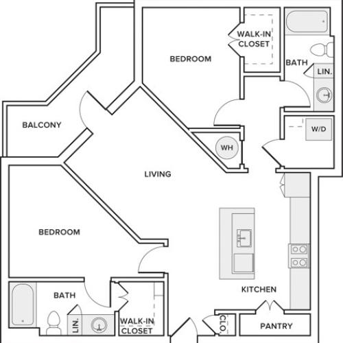 1043 square foot two bedroom two bath apartment floor plan image in Frisco, TX