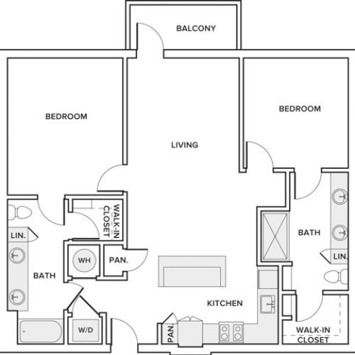 1189 square foot two bedroom two bath apartment floor plan in Frisco, TX
