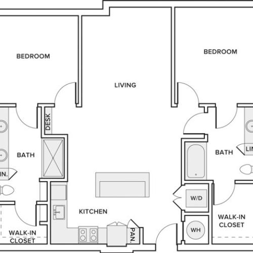 1179 square foot two bedroom two bath apartment floor plan in Frisco, TX