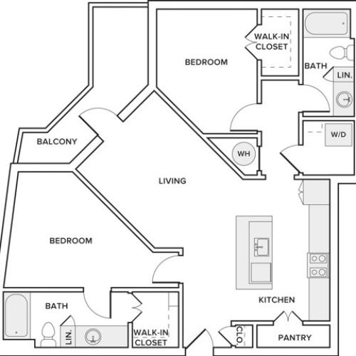 1072 square foot two bedroom two bath apartment floor plan image in Frisco, TX
