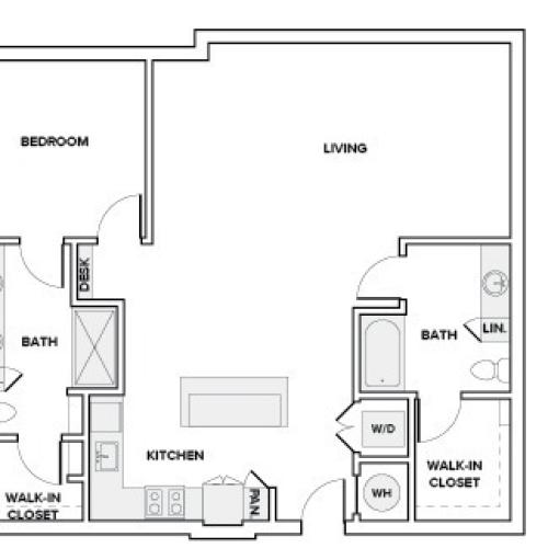 1161 square foot one bedroom two bath apartment floor plan in Frisco, TX