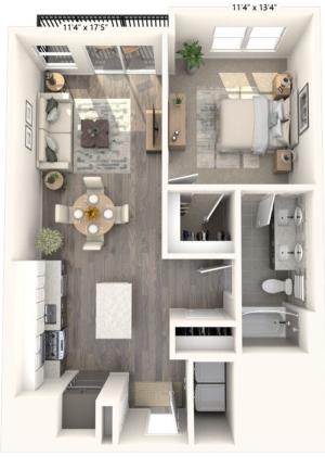 706-742 square foot one bedroom one bath apartment floorplan image