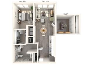 907 square foot one bedroom den one bath apartment floorplan image