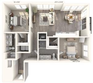 1180-1191 square foot two bedroom two bath apartment floorplan image