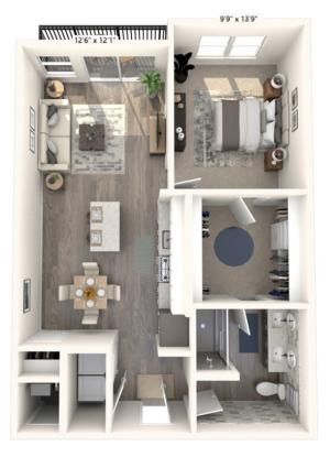 787-790 square foot one bedroom one bath apartment floorplan image