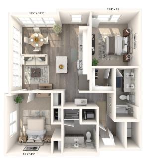 1078-1091 square foot two bedroom two bath apartment floorplan image