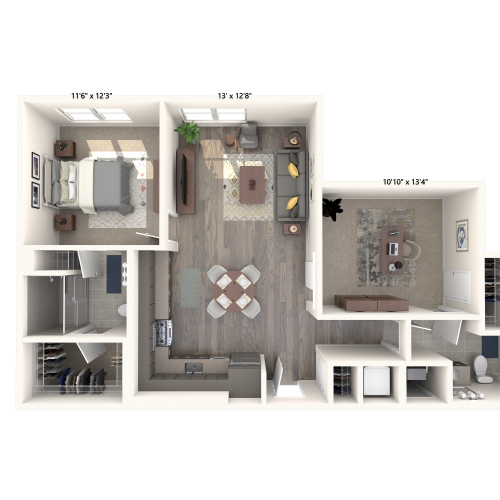 one bedroom den two bath apartment floorplan image