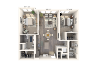 1141 square foot two bedroom two bath apartment floorplan image