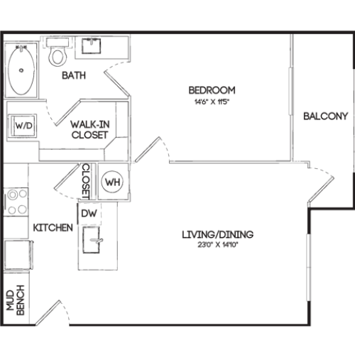 A1A 1 Bedroom 1 Bathroom Floor Plan