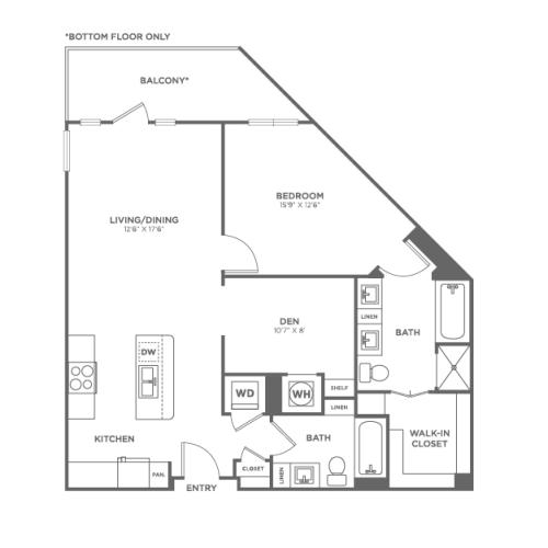 One Bedroom Two Bath With Den (960 SF)