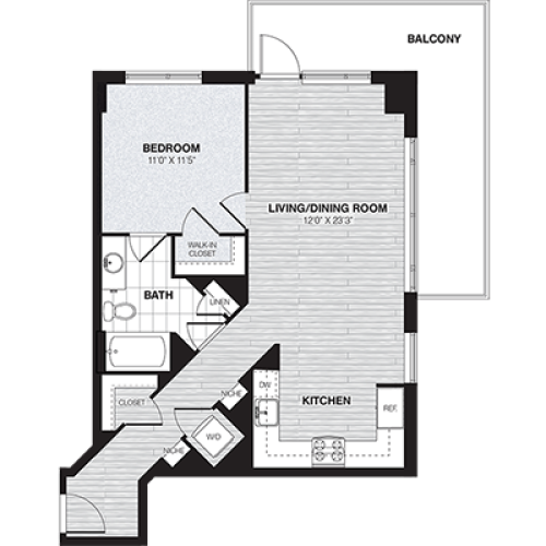 One Bedroom One Bath with Balcony (767 SF)