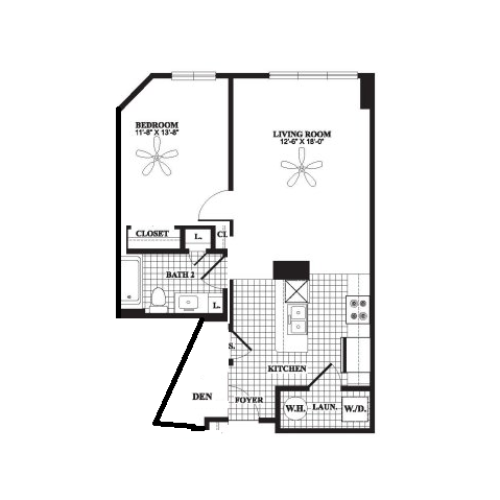 One Bedroom One Bath With Den (910 SF)