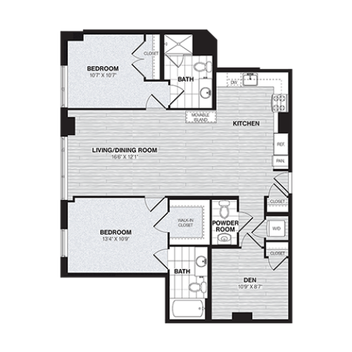 Two Bedroom Two and Half Bath Den (1,139 SF)
