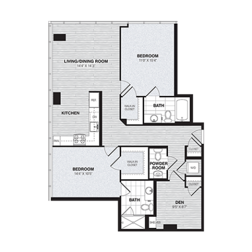 Two Bedroom Two and a Half Bath Den (1,183 SF)