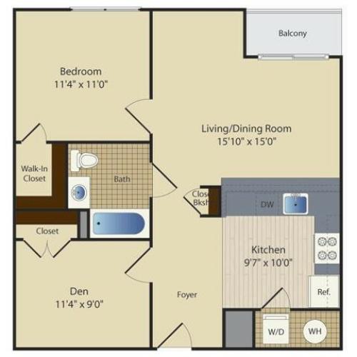 One Bedroom One Bath with Den (755 SF)