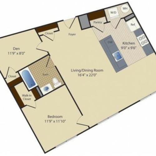 One Bedroom One Bath with Den (877 SF)