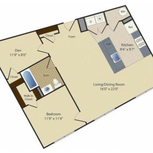 One Bedroom One Bath with Den (854 SF)