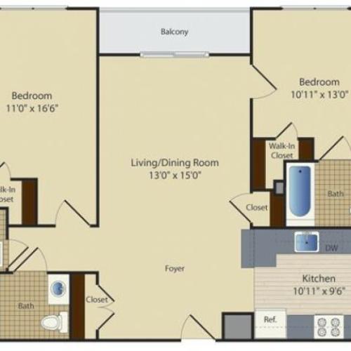Two Bedroom Two Bath (969 SF)