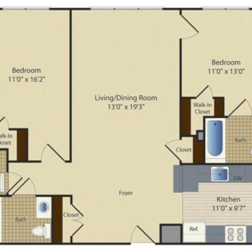 Two Bedroom Two Bath (1024 SF)