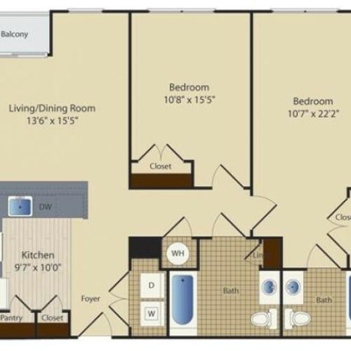 Two Bedroom Two Bath (981 SF)