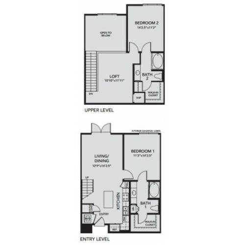 Plan B1 | 2 bed 2 bath | from 1289 square feet